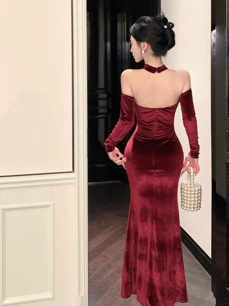 LIZAKOSHT  -  Sexy Bodycon Velvet Maxi Dresses for Women Evening Party Dress Halter Slim Mermaid Prom Robe French Vintage Autumn Vestidos New Fashionable Asymmetrical Maxi Dress