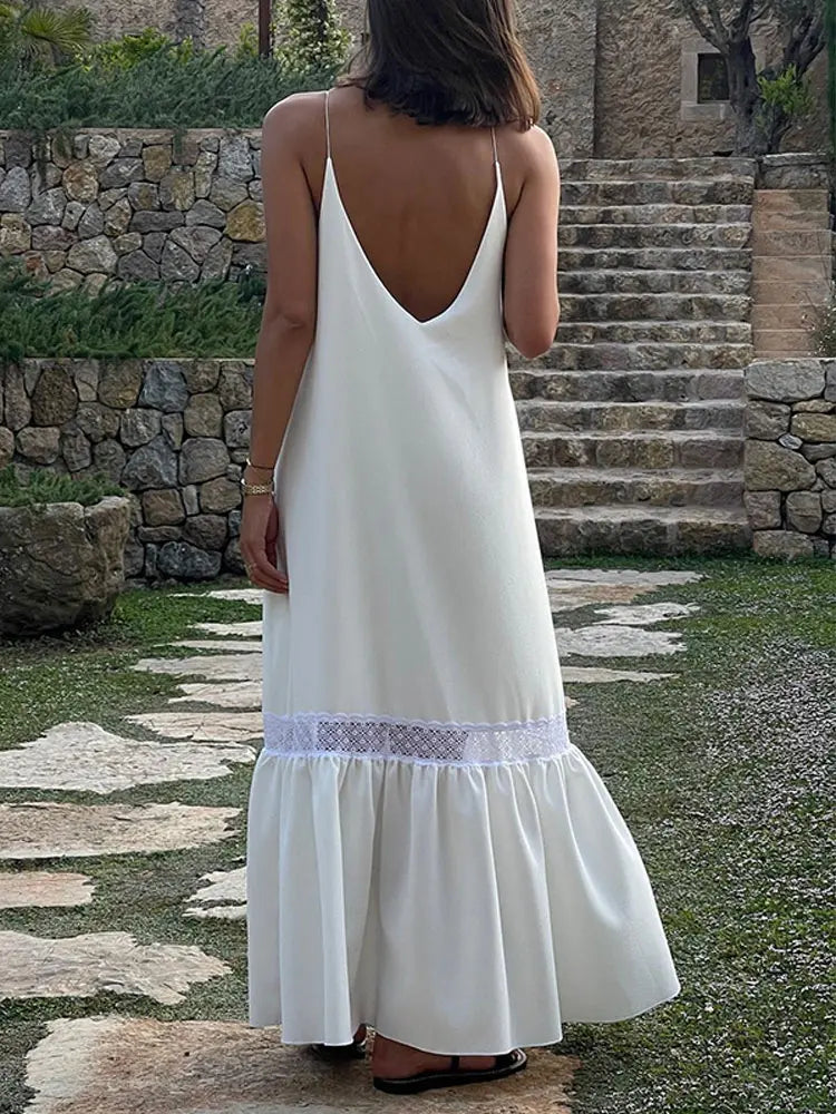 LIZAKOSHT  -  Women Elegant Lace Patchwork Sling Maxi Dress Fashion V-neck Sleeveless Pleated Hem Dresses Summer Lady Loose Beach Robes 2024 Cozy Spaghetti Strap Maxi Dress