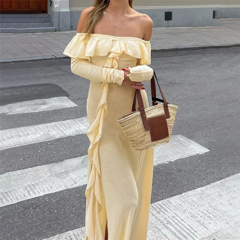 LIZAKOSHT - Women Elegant Ruffles Knitted Maxi Dress Sexy Off Shoulder Full Sleeve Long Party Robe Casual Holiday Dresses Streetwear Cozy Open-Back Maxi Dress LIZAKOSHT - Women Elegant Ruffles Knitted Maxi Dress Sexy Off Shoulder Full Sleeve Long Party Robe Casual Holiday Dresses Streetwear Cozy Open-Back Maxi Dress