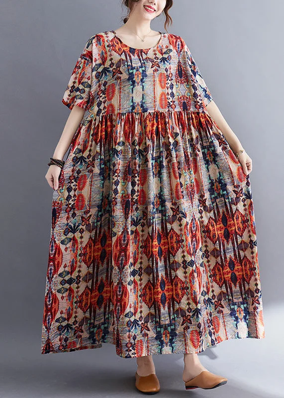 Long Red O-Neck Patchwork Cozy Cotton Maxi Dresses Summer Cozy Maxi Dress with Slit