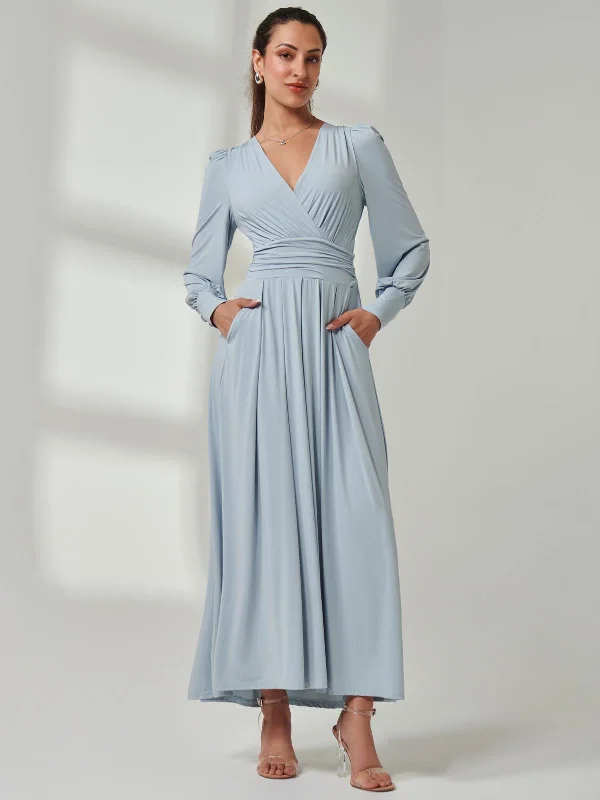 Long Sleeve Soft Silky Jersey Maxi Dress, Ice Blue Cozy Maxi Dress with Slit