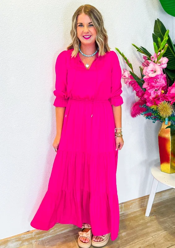 Love Song Maxi Dress - Neon Pink Trendy Off-Shoulder Ruffle Maxi Dress