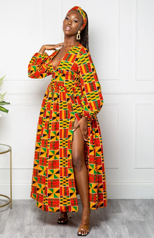 Low Neck Deep V Long Sleeve | African Maxi Dress  - KENYA Comfortable Maxi Dress with Slits