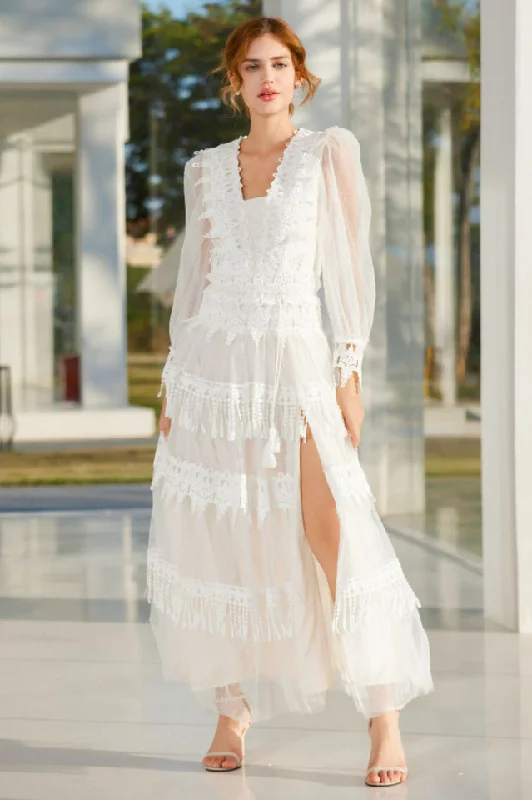Murphy White Lace Mesh Maxi Dress Elegant Lace-Up Maxi Dress