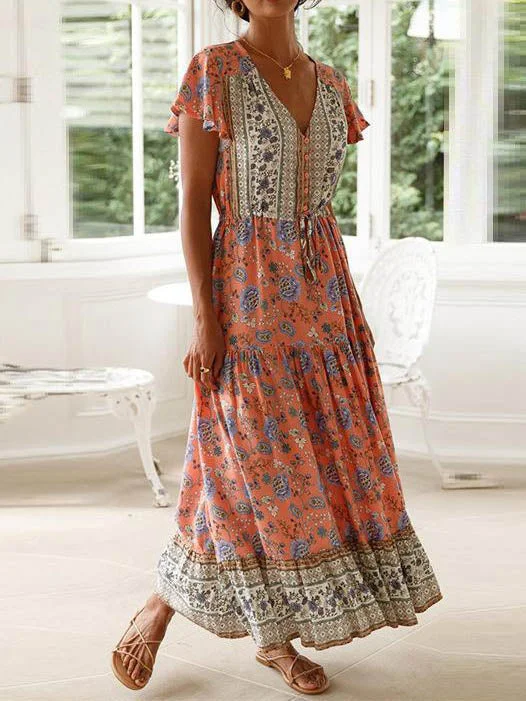 Casual Tie Waist V Neck Maxi Dress Elegant Maxi Dress with Drapes