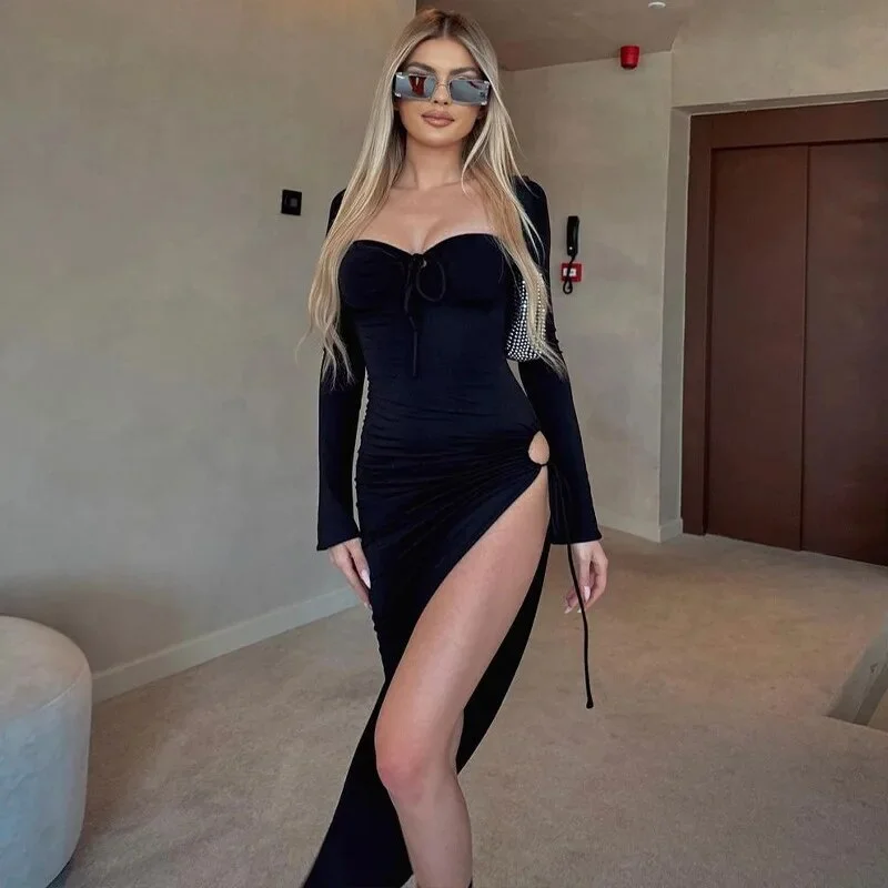 Lizakosht Women's Sexy Split Package Hip Dress, Long Sleeve, Backless, Waisted, Maxi Dresses, Party, Club, Evening Gown Trendy Maxi Dress with Straps Lizakosht Women's Sexy Split Package Hip Dress, Long Sleeve, Backless, Waisted, Maxi Dresses, Party, Club, Evening Gown Trendy Maxi Dress with Straps