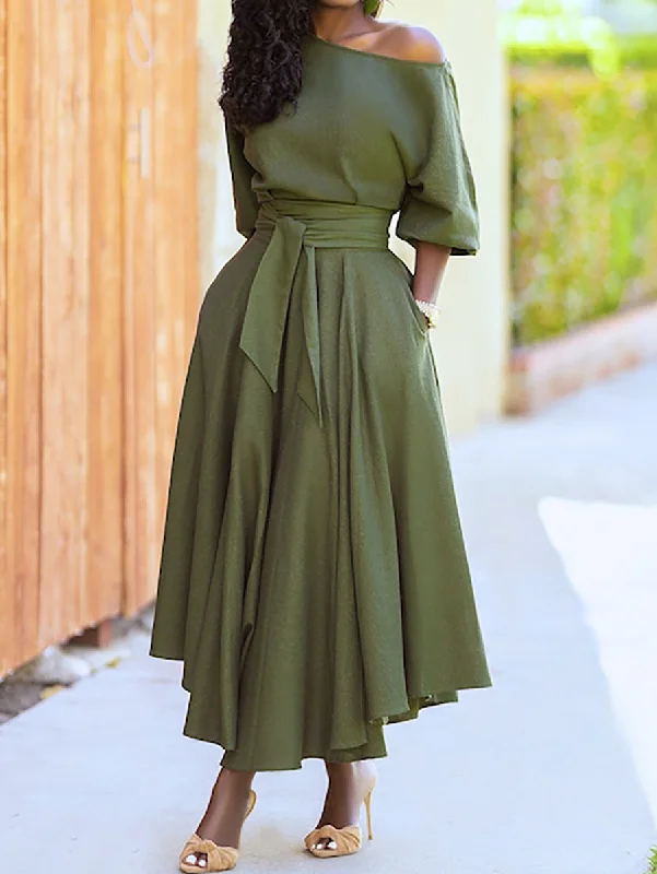 Off Shoulder Short Sleeve Waist Tie Maxi Dress Elegant Lace Maxi Dress
