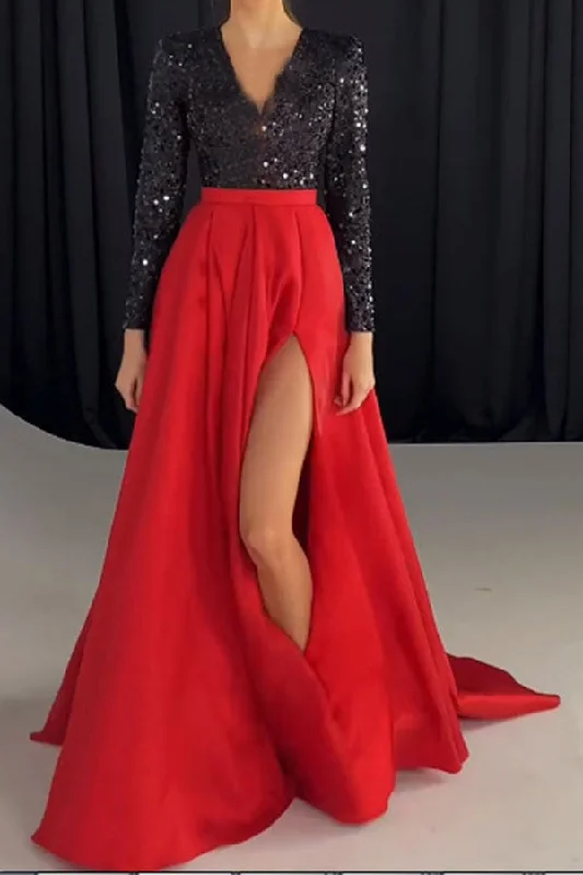 Sequins Patchwork Hit Color Retro High Split Maxi Dress Elegant Floral Maxi Dress