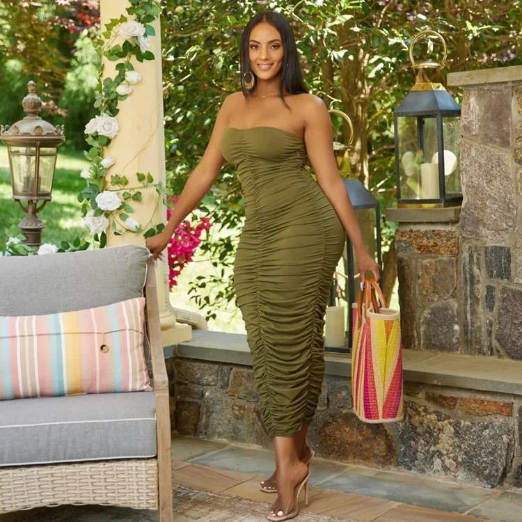SEXY RUCHED STRAPLESS SLIM MAXI DRESS Fashionable Chiffon Tiered Maxi Dress