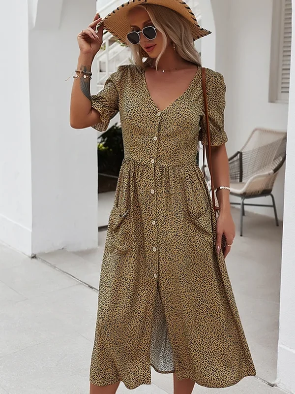 Short Sleeve Button Front Split Maxi Dress Comfortable Casual Maxi Dress