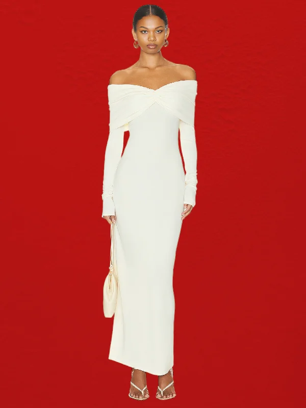 Slash Neck Off The Shoulder White Maxi Dress Comfortable Satin Maxi Dress