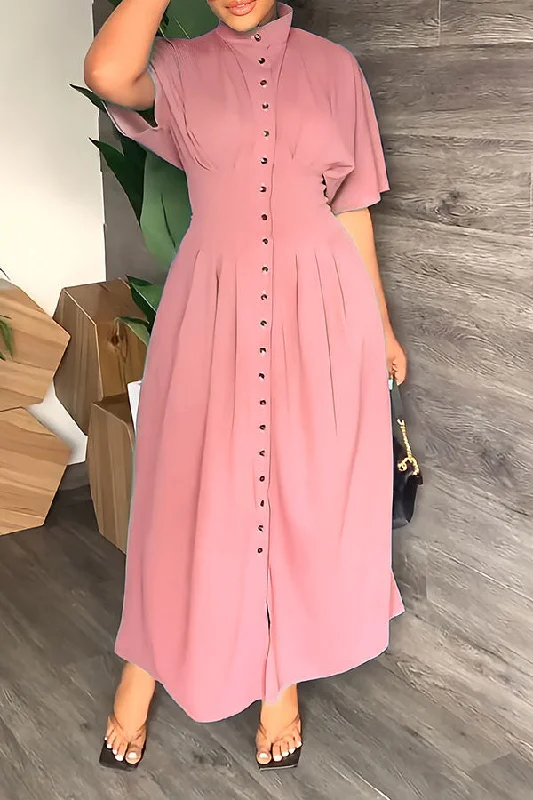 Solid Color Classic Button Down Pleated Maxi Dress Chic Summer Floral Maxi Dress