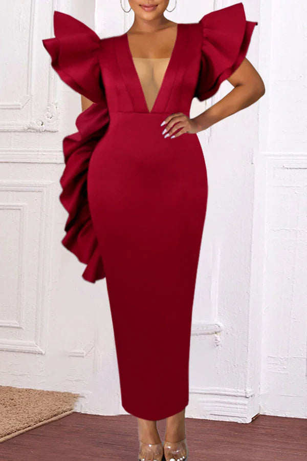 Solid Color On-trend Ruffle Maxi Dress Cozy Longline Maxi Dress