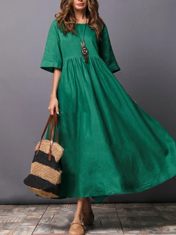 Solid Color Short Sleeve Loose Casual Maxi Dress Elegant Pleated Maxi Dress