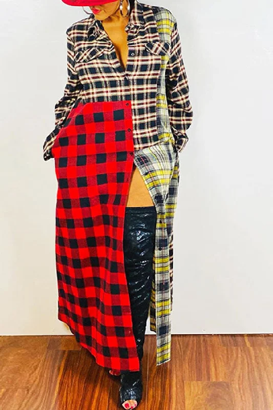 Tartan Hit Color Stylish Single Breasted Maxi Dress Comfortable Bohemian Maxi Dress