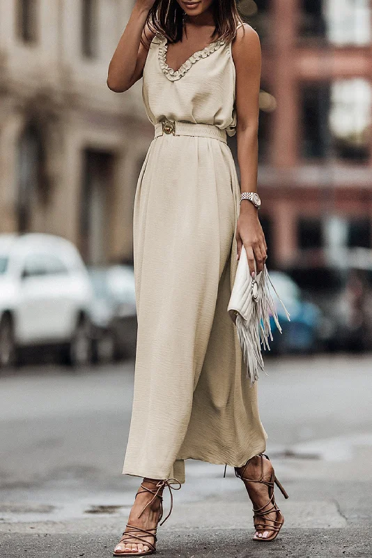 V Neck Sleeveless Maxi Dress with Elastic Belt Comfortable Maxi Dress with Belt