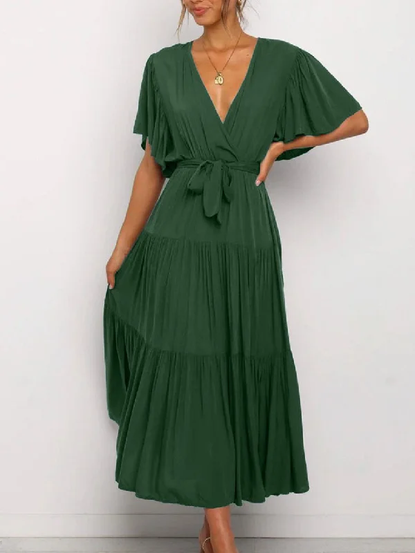 V Neck Tie Waist Short Sleeve Maxi Dress Classic A-Line Maxi Dress