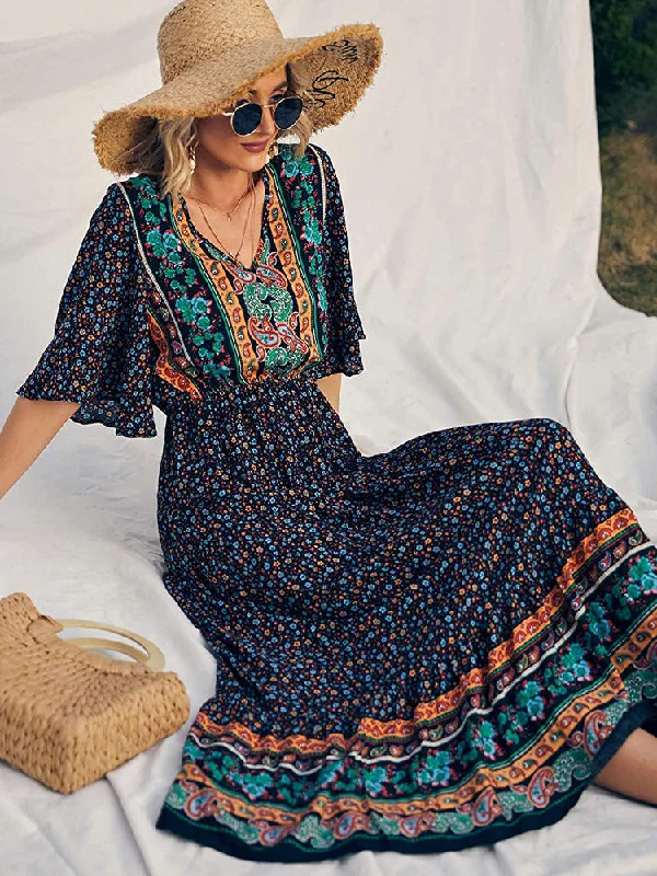 Summer Women's Bohemian Dress Beach Resort Maxi Dress Fashionable Faux Wrap Maxi Dress