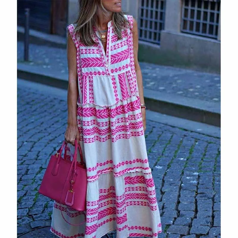 Women Summer Boho Long Geometry Striped Printed Dress 2022 Sleeveless Flowy Beach Party Casual V-Neck Loose Maxi Dresses Cozy Wrap Maxi Dress Women Summer Boho Long Geometry Striped Printed Dress 2022 Sleeveless Flowy Beach Party Casual V-Neck Loose Maxi Dresses Cozy Wrap Maxi Dress