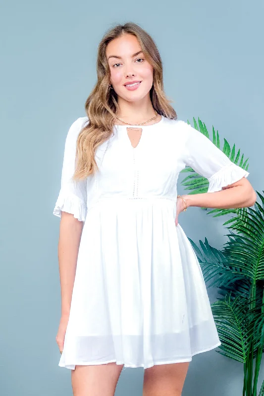 Bohemian 3/4 Ruffle Sleeve Solid Mini Dress Front Key Hole With Linen (1070) Fashionable Party Mini Dress Bohemian 3/4 Ruffle Sleeve Solid Mini Dress Front Key Hole With Linen (1070) Fashionable Party Mini Dress