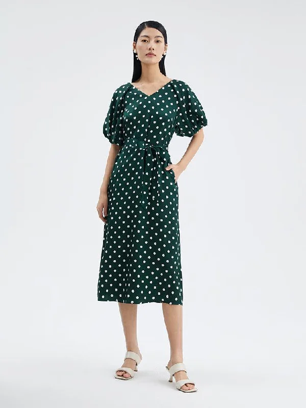 19 Momme Pure Silk Polka Dots Mid-Calf Dress