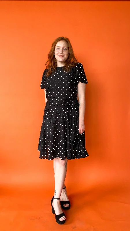 1980s Polka Dot Drop Waist Rosette Dress, sz. L/XL