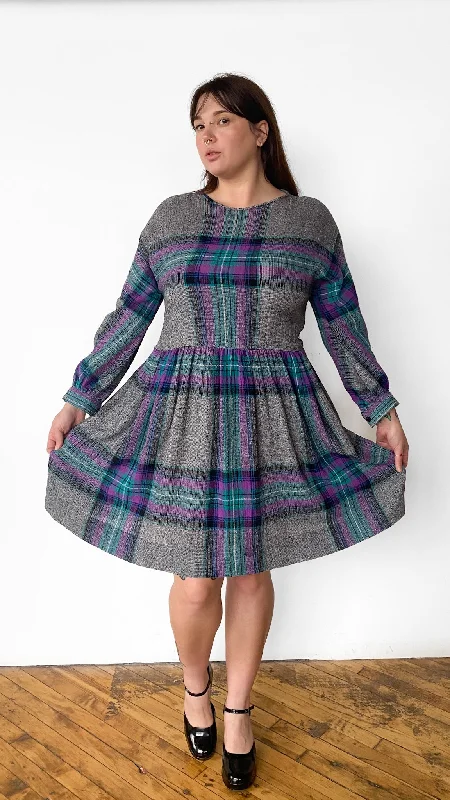 1980s Teal & Purple Plaid Dress, sz. 2XL