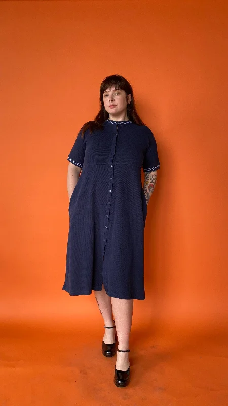 1990s Navy Waffle Knit Button-Down Dress, sz. L-2XL