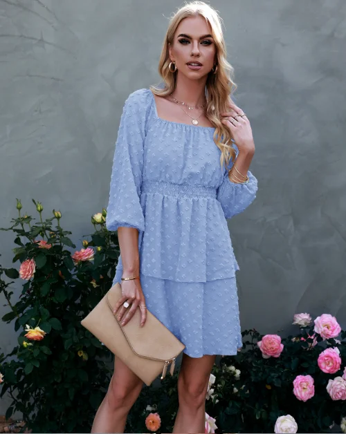 Holiday Square Collar 3/4 Sleeves A-line Dot Mini Dress Bow Tie Back Ruffle Dresses Elegant Vintage Mini Dress