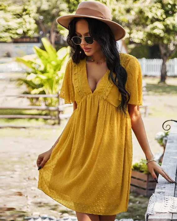 Summer Style V Neck Solid Dress Women Casual High Waist New Fashion Short Sleeve Mini Dress Elegant Lace-Up Mini Dress Summer Style V Neck Solid Dress Women Casual High Waist New Fashion Short Sleeve Mini Dress Elegant Lace-Up Mini Dress