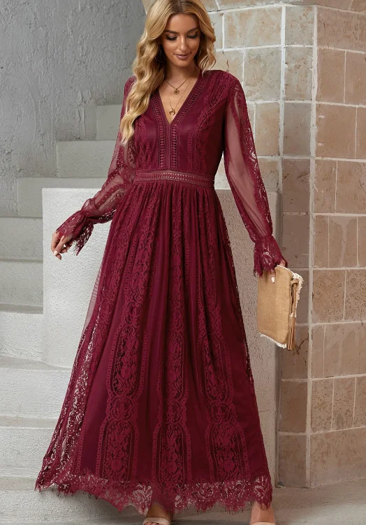 2023V neck and waist lace openwork dress