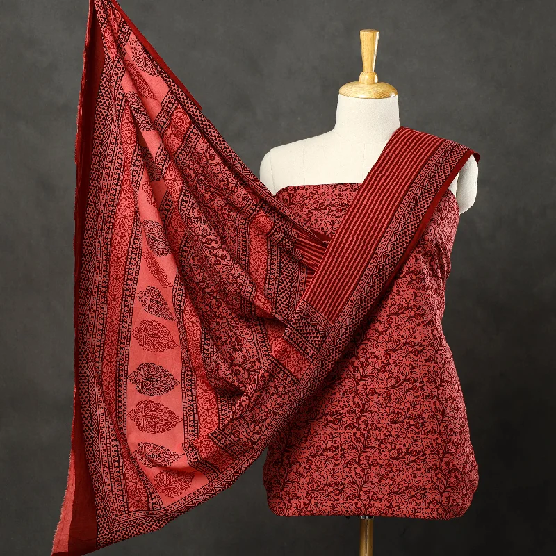 Red - 3pc Bagh Print Cotton Dress Material Set 80