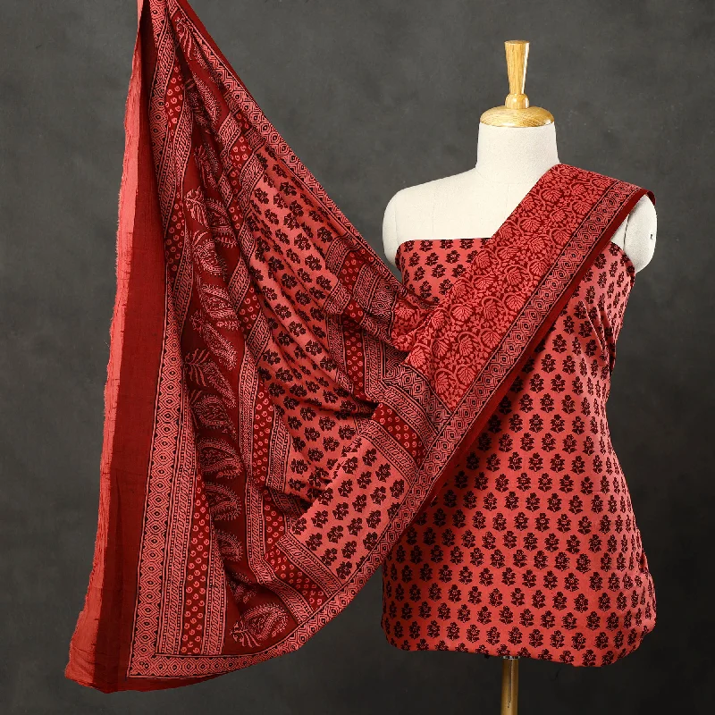 Red - 3pc Bagh Print Cotton Dress Material Set 82