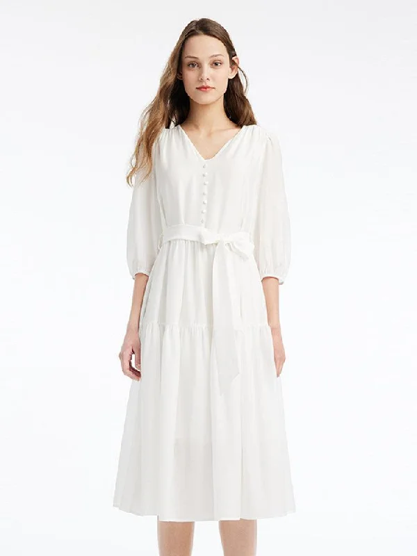 White Acetate 3/4 Sleeve V-Neck Dress
