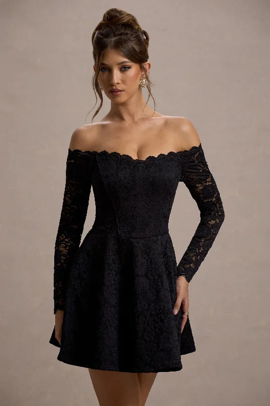 Alliste | Black Lace Bardot Mini Dress Fashionable Denim Mini Dress
