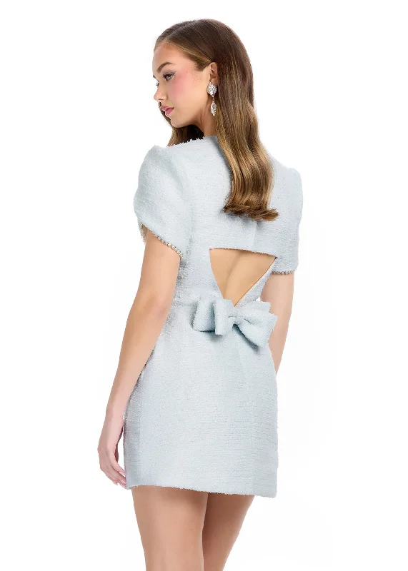 Ashley Lauren 4809 Size 4 Sky Short Tweed Cut Out Bow Interview Dress Appearance puff sleeve pearl Formal Wear
