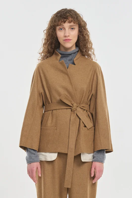 Beige flannel belted wide sleeve jacket Front Pockets Side Pockets Patch Pockets
