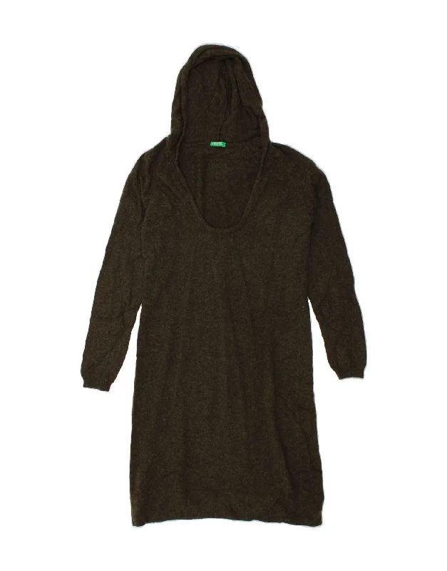 BENETTON Womens Hooded Jumper Dress UK 12 Medium Khaki Wool