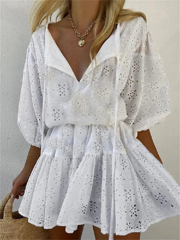Elegant Lace Floral V-neck Mini Dresses Stylish Short Sleeve Mini Dress
