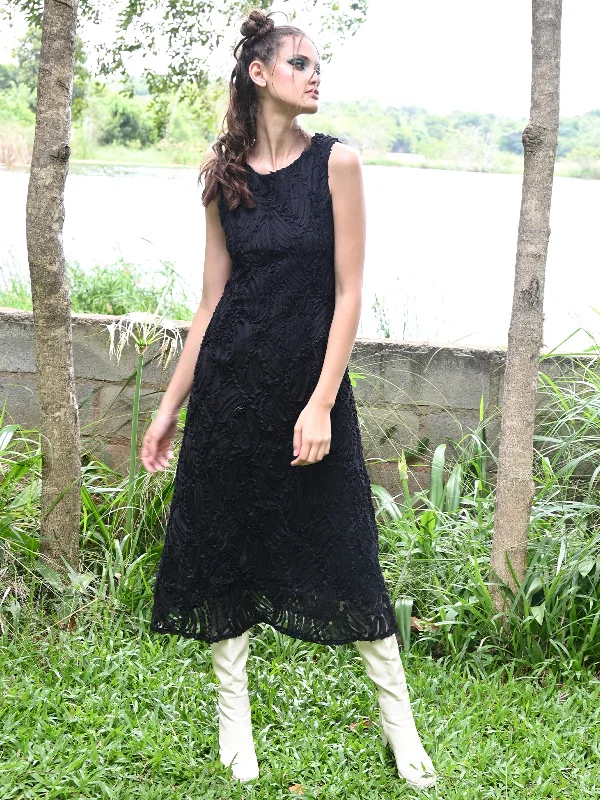 Odette Women Black Net With Applic Work Stitched Dress