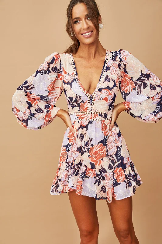 Blooming Mini Dress - Navy Elegant Velvet Mini Dress