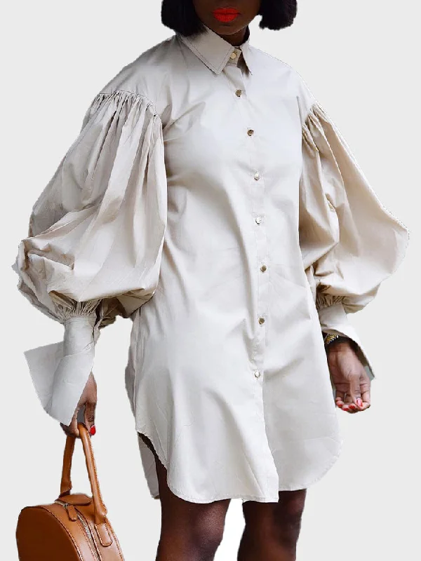 Button-Down Lantern Sleeve Mini Dress Classic White Mini Dress