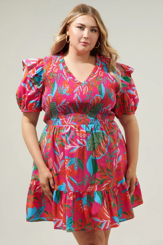 Cactus Blossom Leones Smocked Mini Dress Curve Elegant Lace-Up Mini Dress