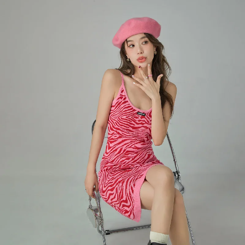 Zebra Knit Cami Mini Dress Fashionable Mini Dress with Frills