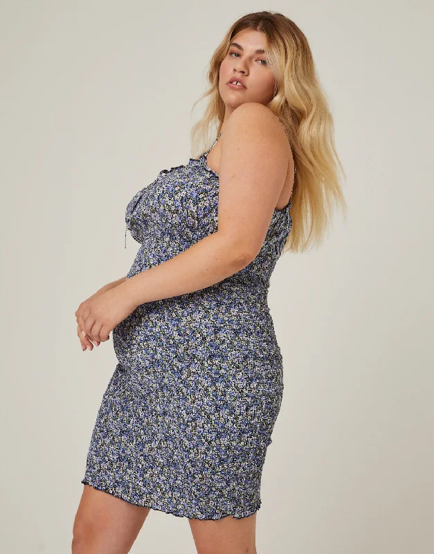 Plus Size Floral Smocked Mini Dress Casual V-Neck Mini Dress