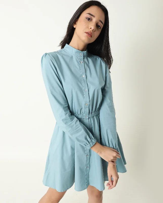 Rareism Women Darla Blue Mandarin Collar Full Front Button Closure Placket With Full Sleeves And Pocket Mini Dress Elegant Silk Mini Dress