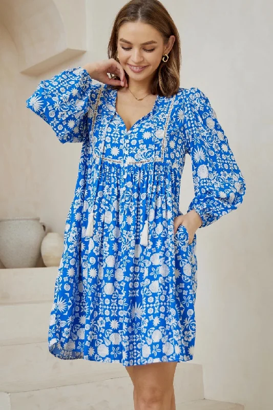 Delaware Mini Dress - Blue/White Trendy Mini Dress with Belt