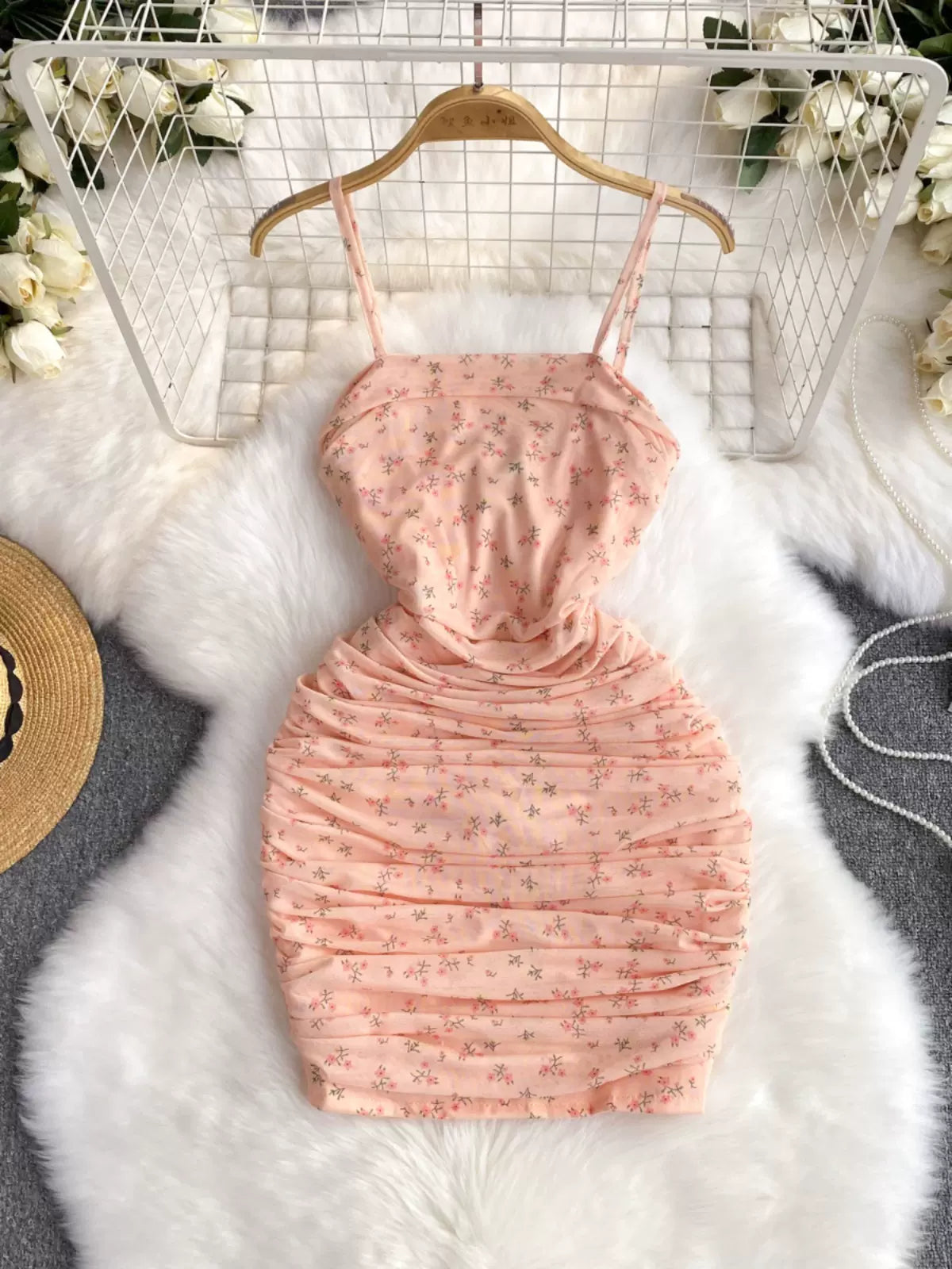 Delicate Straps Starry Blush Ruched Mini Dress Modern Satin Mini Dress