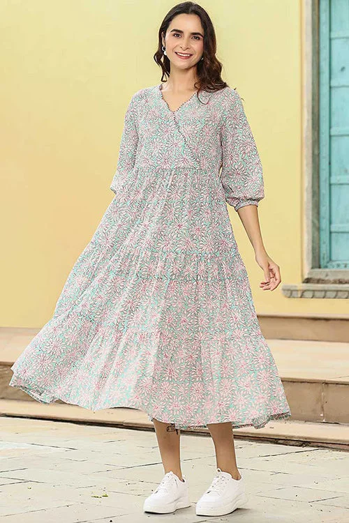 Dharan "Daisy Dress" Blue Block Printed Dress
