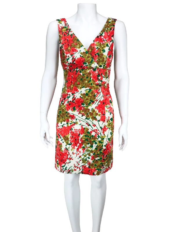 Donna Ricco New York, Women's Printed Stretch Cotton Sateen Dress, Coral/Multi, Size 4